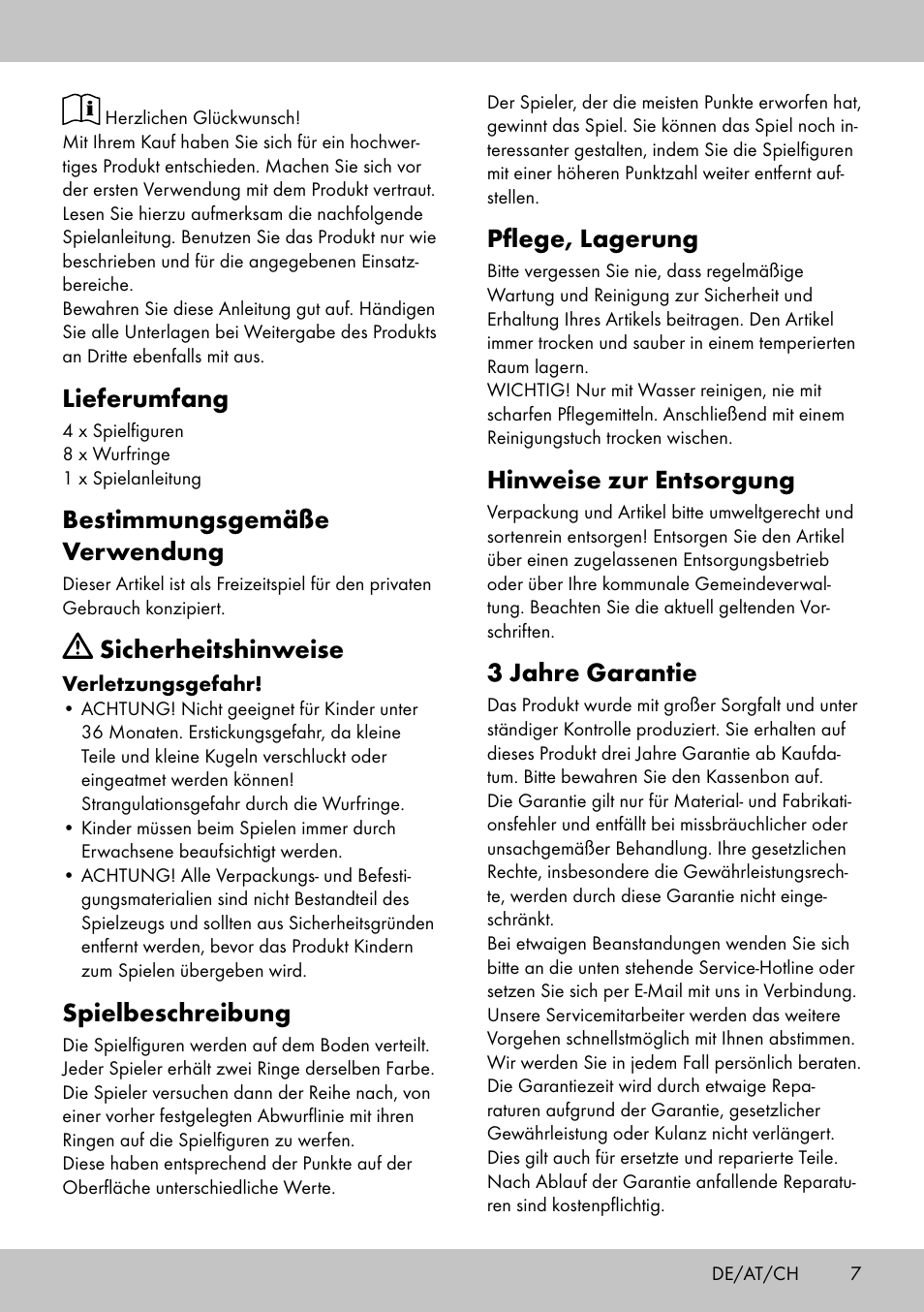 Lieferumfang, Bestimmungsgemäße verwendung, Sicherheitshinweise | Spielbeschreibung, Pflege, lagerung, Hinweise zur entsorgung, 3 jahre garantie | Playtive HOOPLA GAME User Manual | Page 7 / 12