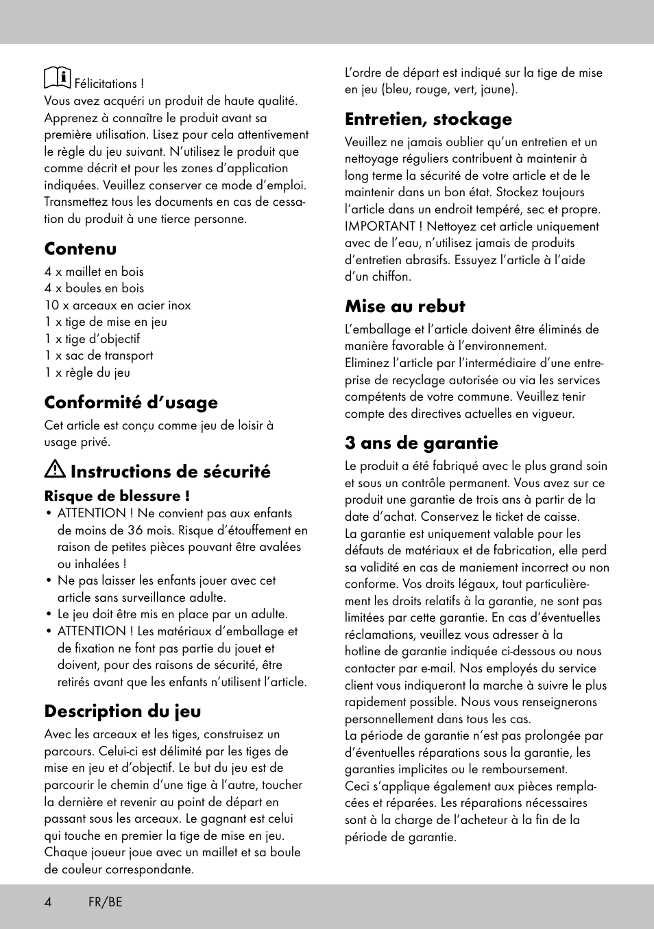 Entretien, stockage, Mise au rebut, 3 ans de garantie | Contenu, Conformité d’usage, Instructions de sécurité, Description du jeu | Playtive CROQUET SET User Manual | Page 4 / 12