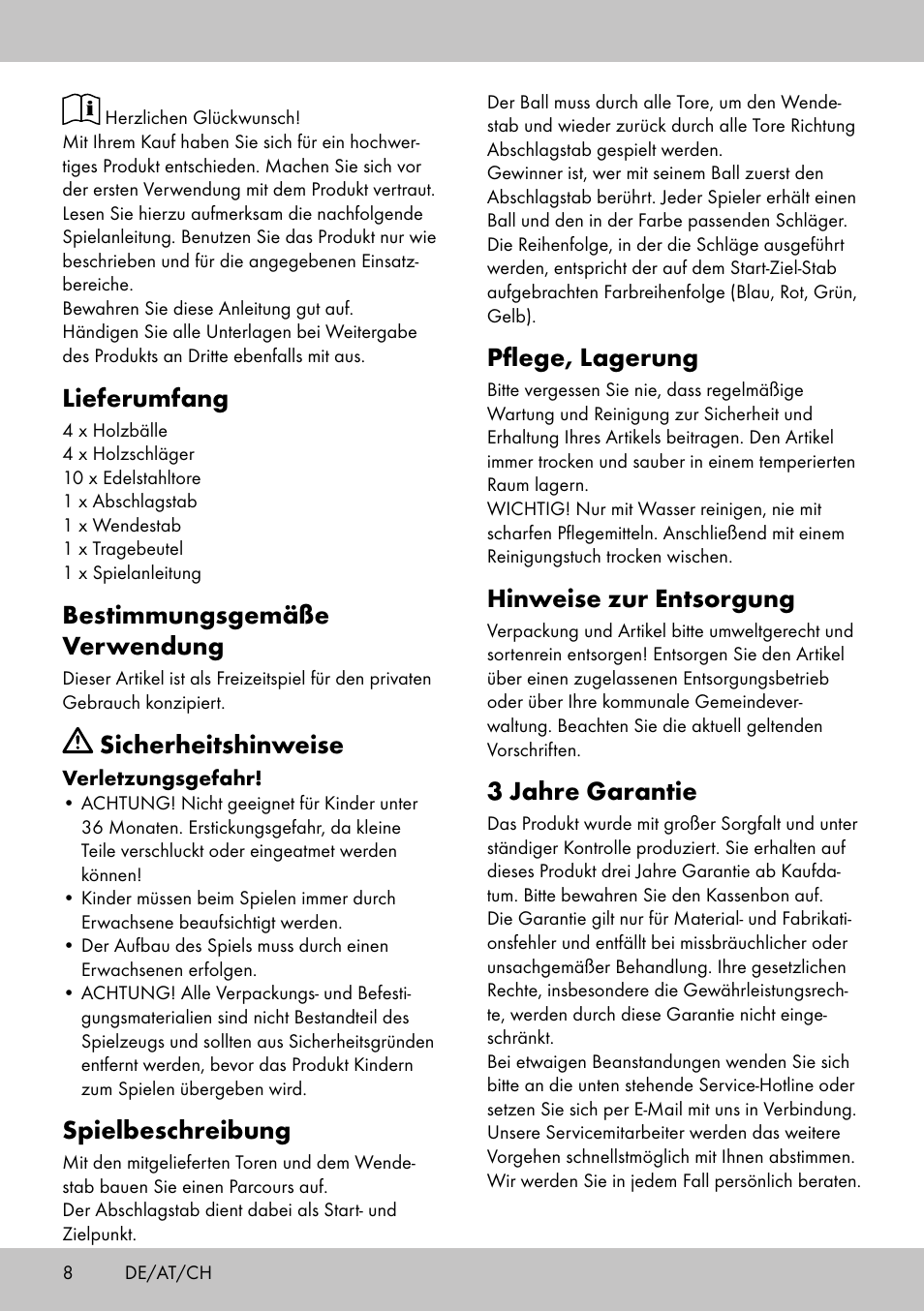 Lieferumfang, Bestimmungsgemäße verwendung, Sicherheitshinweise | Spielbeschreibung, Pflege, lagerung, Hinweise zur entsorgung, 3 jahre garantie | Playtive CROQUET SET User Manual | Page 8 / 12