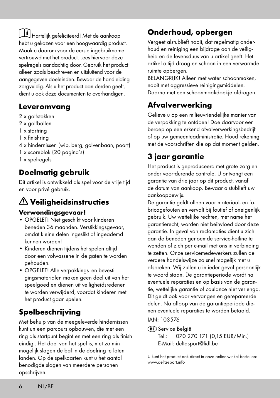 Onderhoud, opbergen, Afvalverwerking, 3 jaar garantie | Leveromvang, Doelmatig gebruik, Veiligheidsinstructies, Spelbeschrijving | Playtive MINI GOLF SET User Manual | Page 6 / 12