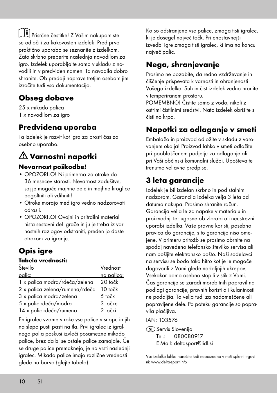 Obseg dobave, Predvidena uporaba, Varnostni napotki | Opis igre, Nega, shranjevanje, Napotki za odlaganje v smeti, 3 leta garancije | Playtive GIANT PICK-UP STICKS User Manual | Page 10 / 20