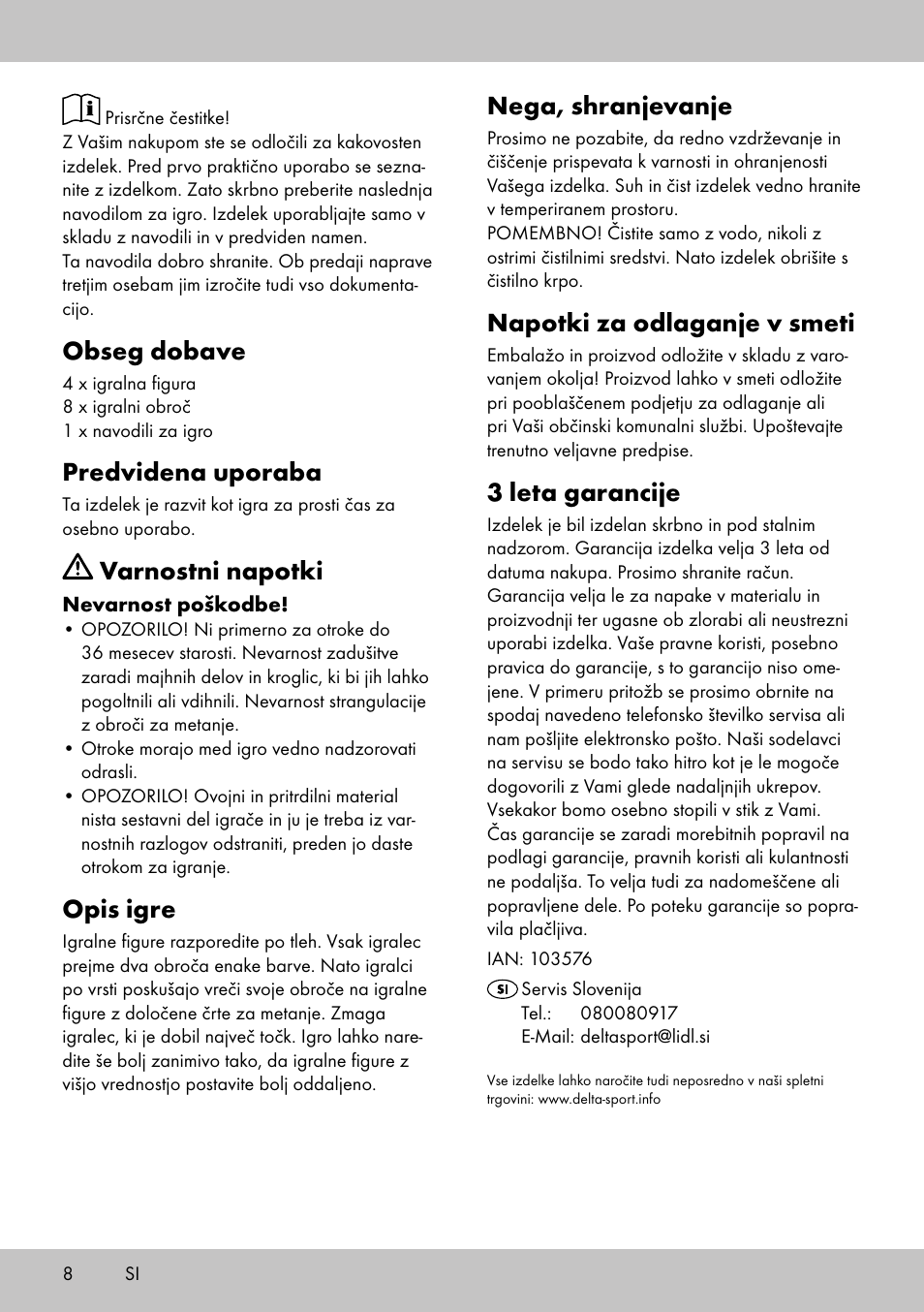 Obseg dobave, Predvidena uporaba, Varnostni napotki | Opis igre, Nega, shranjevanje, Napotki za odlaganje v smeti, 3 leta garancije | Playtive HOOPLA GAME User Manual | Page 8 / 16