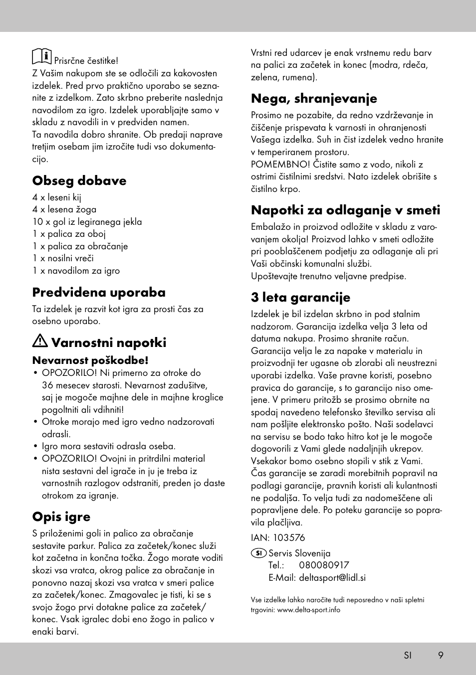 Obseg dobave, Predvidena uporaba, Varnostni napotki | Opis igre, Nega, shranjevanje, Napotki za odlaganje v smeti, 3 leta garancije | Playtive CROQUET SET User Manual | Page 9 / 16