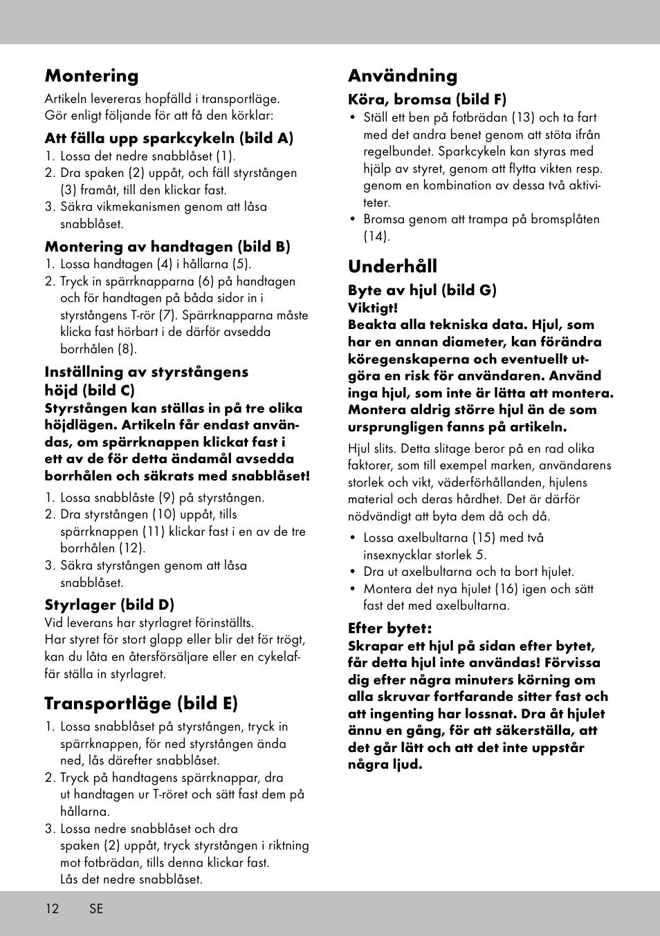 Montering, Transportläge (bild e), Användning | Underhåll | Playtive Scooter User Manual | Page 10 / 26