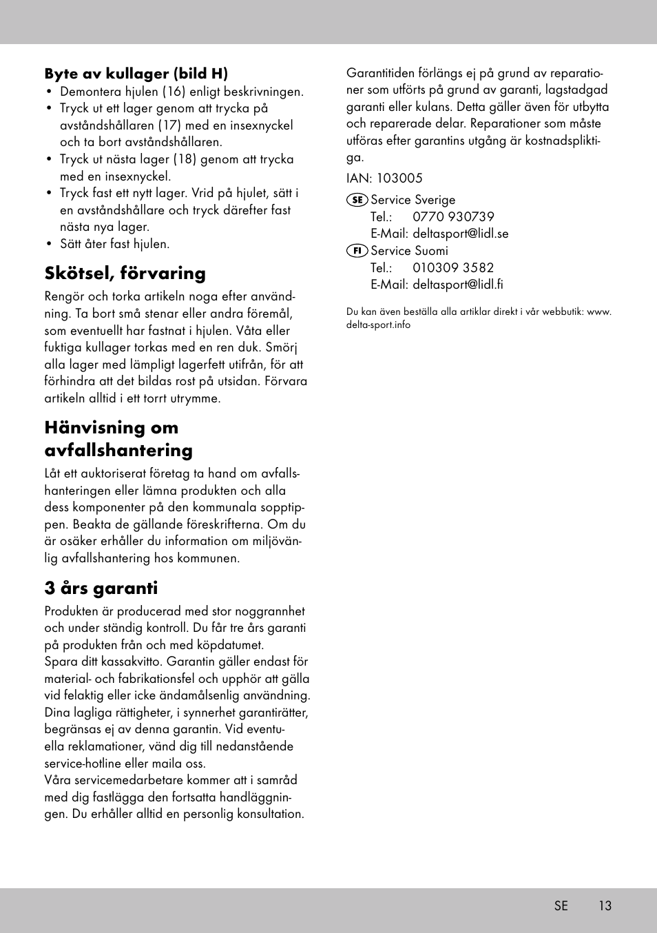 Skötsel, förvaring, Hänvisning om avfallshantering, 3 års garanti | Playtive Scooter User Manual | Page 11 / 26