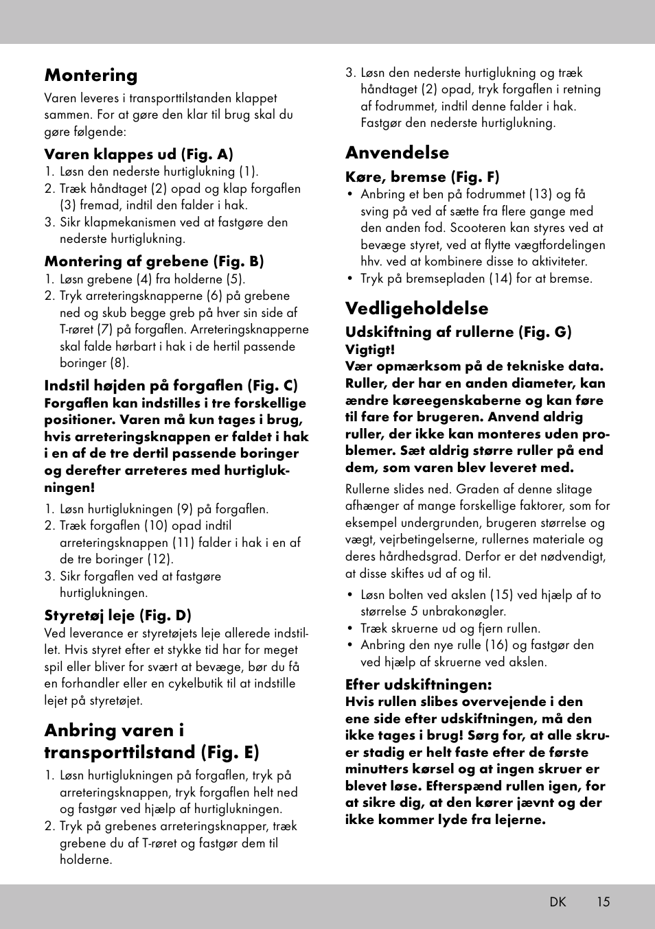 Montering, Anbring varen i transporttilstand (fig. e), Anvendelse | Vedligeholdelse | Playtive Scooter User Manual | Page 13 / 26