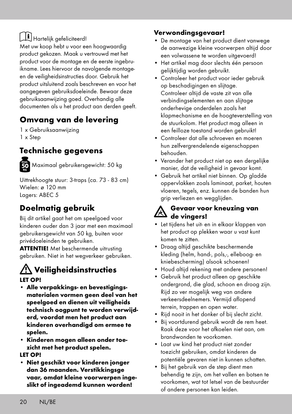 Omvang van de levering, Technische gegevens, Doelmatig gebruik | Veiligheidsinstructies | Playtive Scooter User Manual | Page 18 / 26