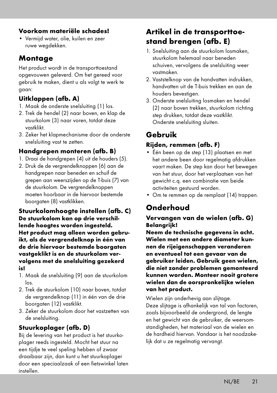 Montage, Artikel in de transporttoe- stand brengen (afb. e), Gebruik | Onderhoud | Playtive Scooter User Manual | Page 19 / 26