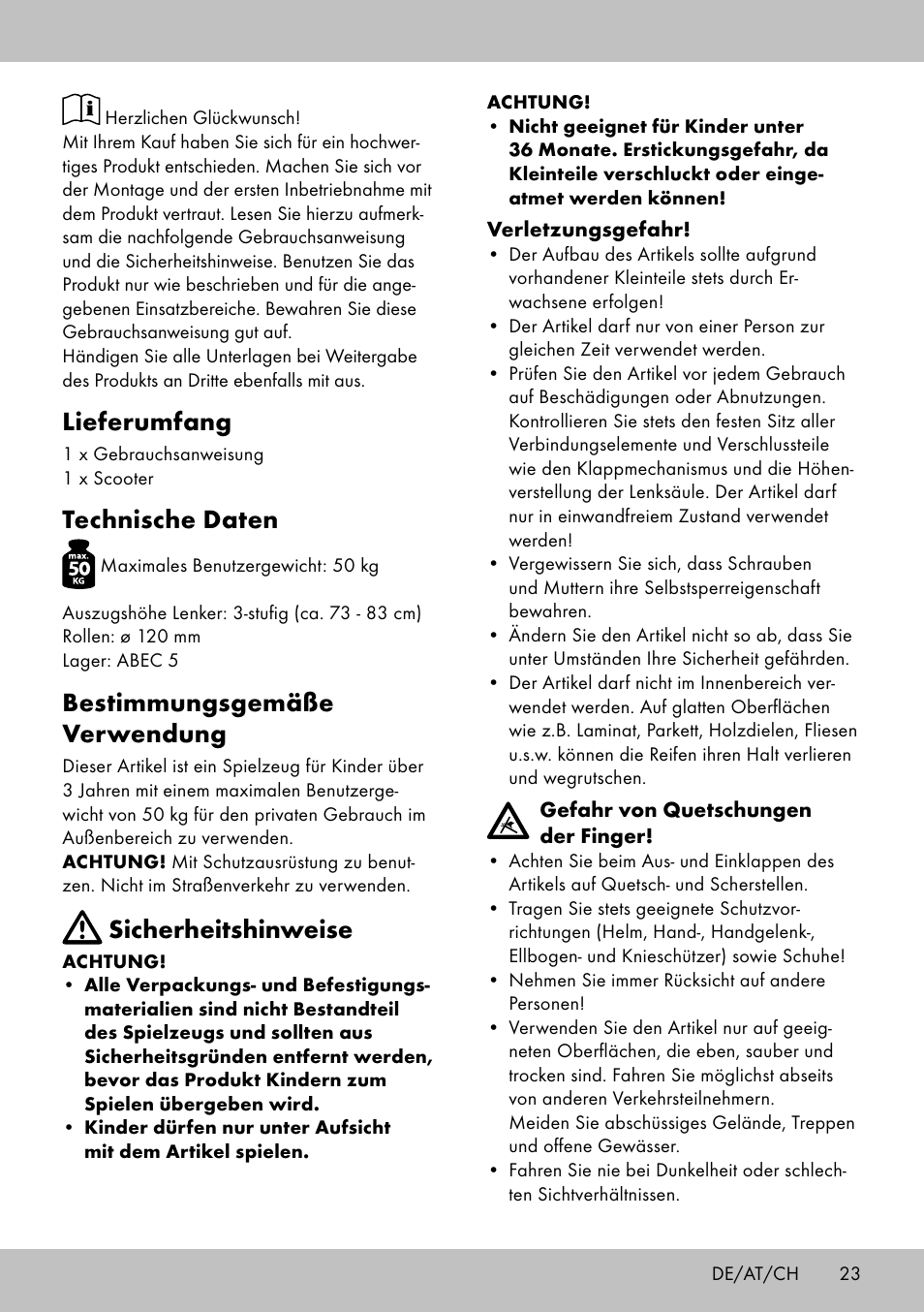 Lieferumfang, Technische daten, Bestimmungsgemäße verwendung | Sicherheitshinweise | Playtive Scooter User Manual | Page 21 / 26