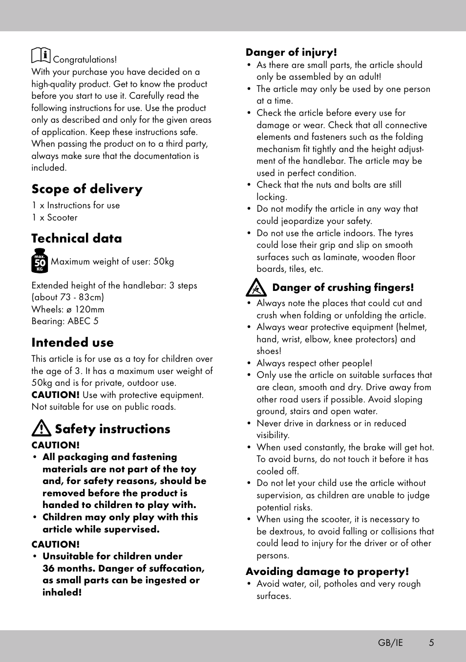 Scope of delivery, Technical data, Intended use | Safety instructions | Playtive Scooter User Manual | Page 3 / 26