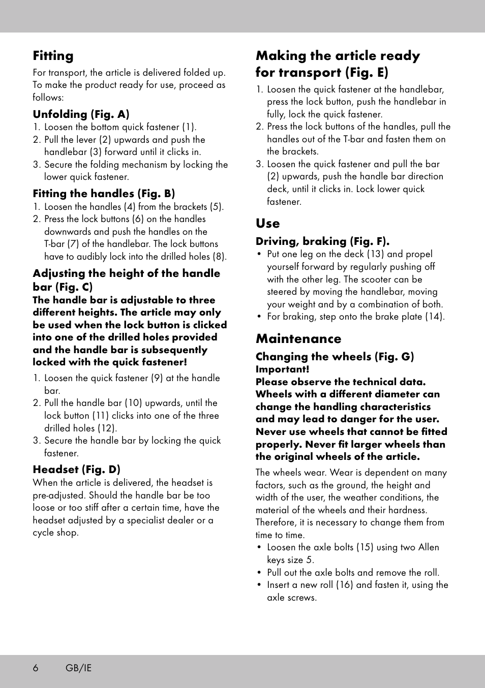 Fitting, Making the article ready for transport (fig. e), Maintenance | Playtive Scooter User Manual | Page 4 / 26