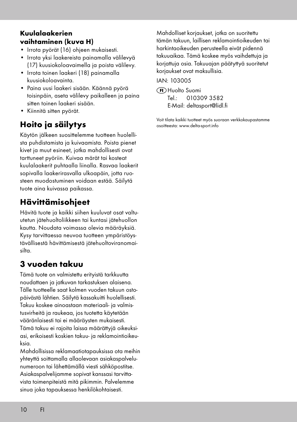 Hoito ja säilytys, Hävittämisohjeet, 3 vuoden takuu | Playtive Scooter User Manual | Page 8 / 26