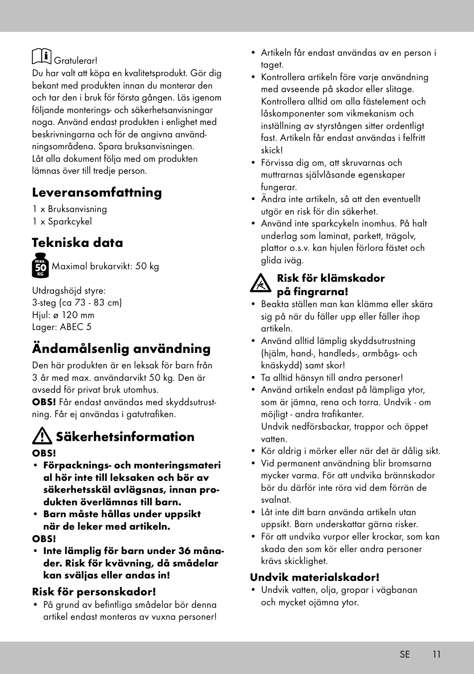 Leveransomfattning, Tekniska data, Ändamålsenlig användning | Säkerhetsinformation | Playtive Scooter User Manual | Page 9 / 26