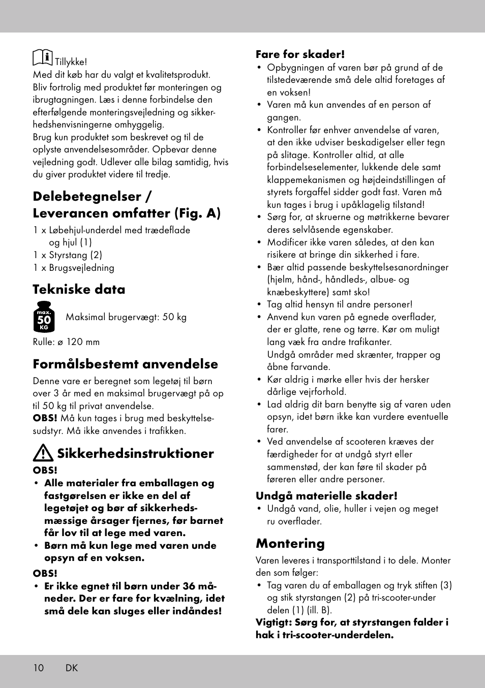 Delebetegnelser / leverancen omfatter (fig. a), Tekniske data, Formålsbestemt anvendelse | Sikkerhedsinstruktioner, Montering | Playtive Tri Scooter User Manual | Page 10 / 24