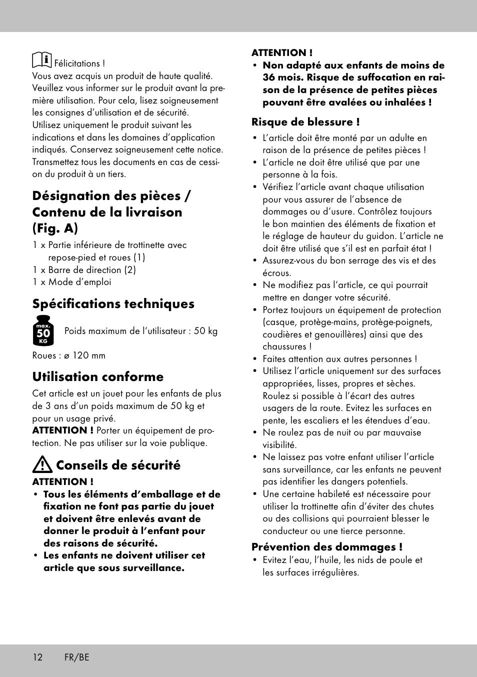 Spécifications techniques, Utilisation conforme, Conseils de sécurité | Playtive Tri Scooter User Manual | Page 12 / 24