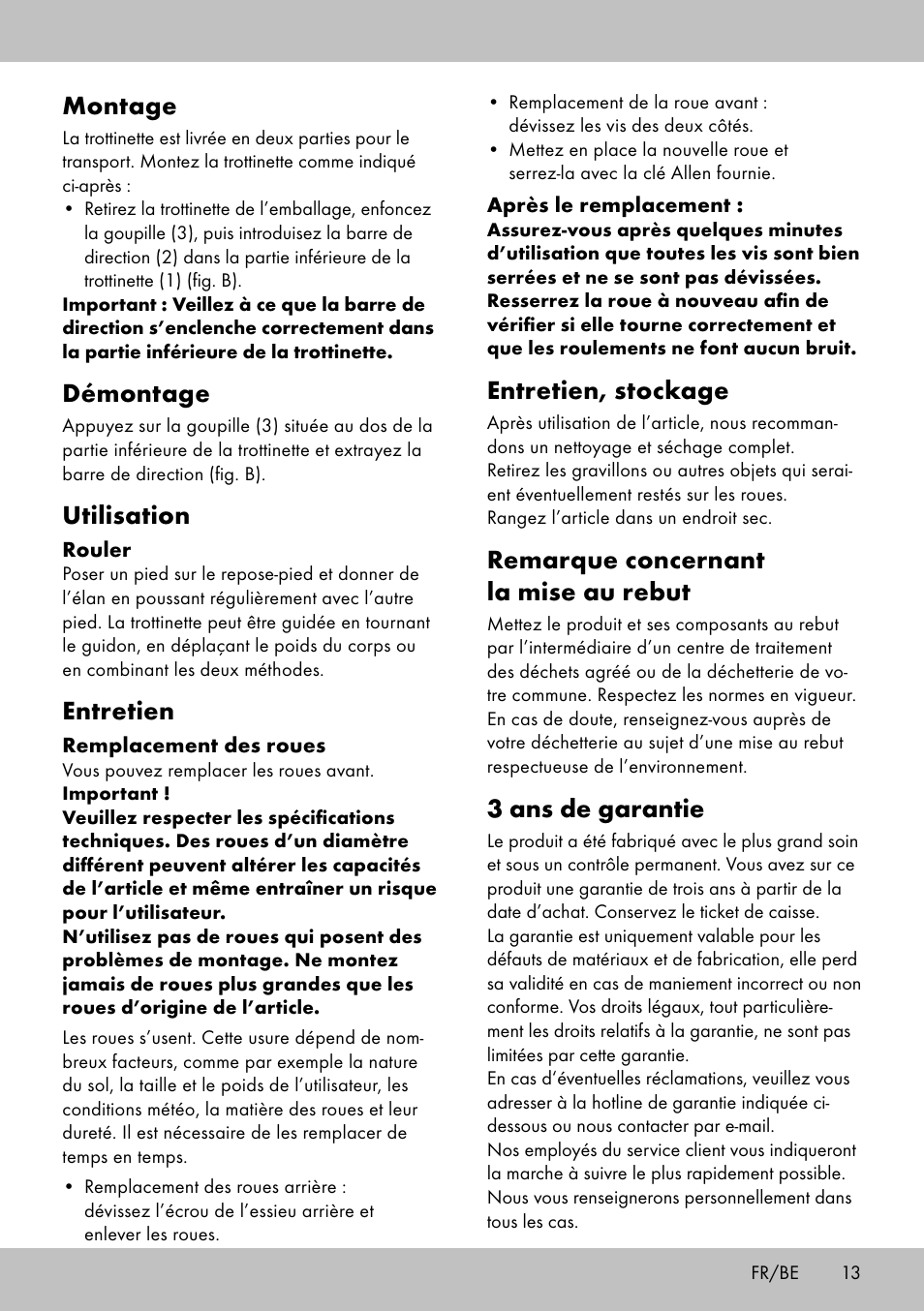 Montage, Démontage, Utilisation | Entretien, Entretien, stockage, Remarque concernant la mise au rebut, 3 ans de garantie | Playtive Tri Scooter User Manual | Page 13 / 24