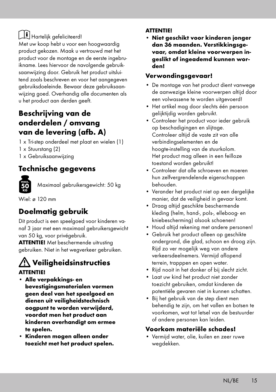 Technische gegevens, Doelmatig gebruik, Veiligheidsinstructies | Playtive Tri Scooter User Manual | Page 15 / 24