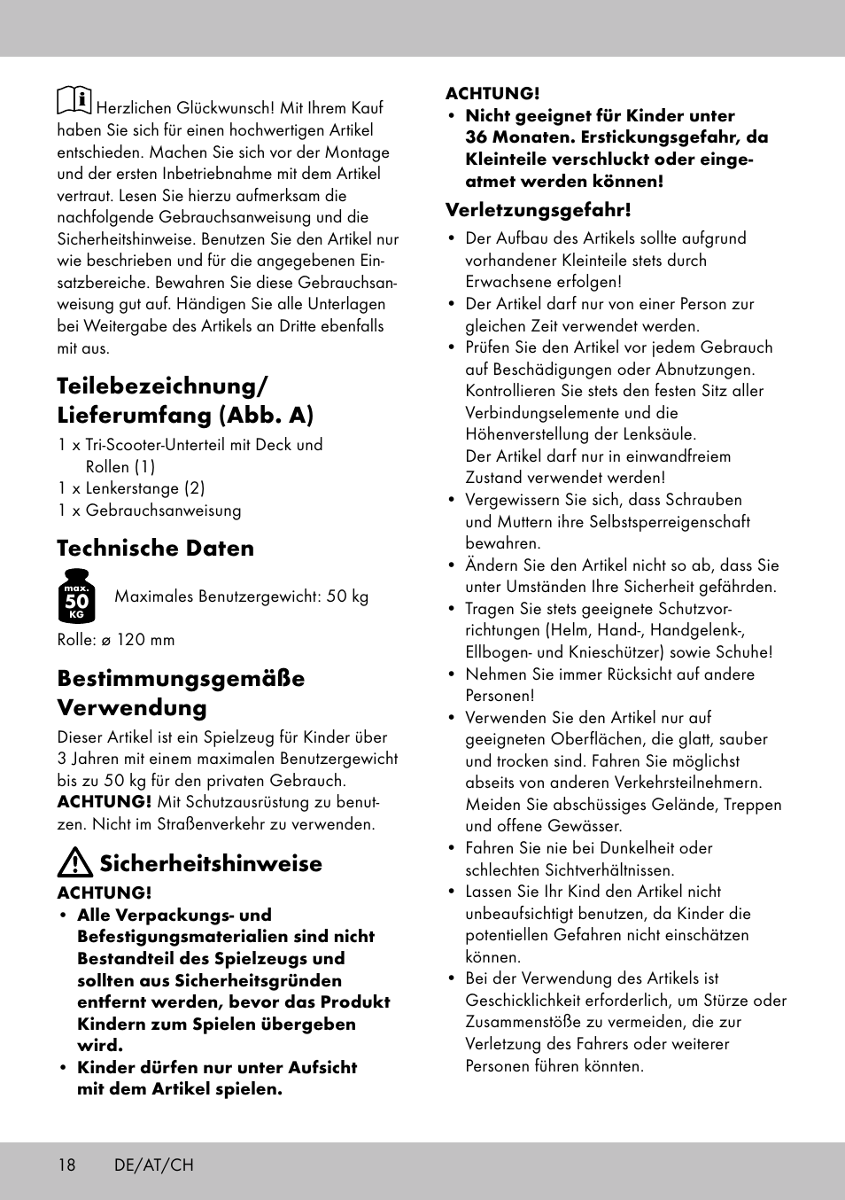 Teilebezeichnung/ lieferumfang (abb. a), Technische daten, Bestimmungsgemäße verwendung | Sicherheitshinweise | Playtive Tri Scooter User Manual | Page 18 / 24