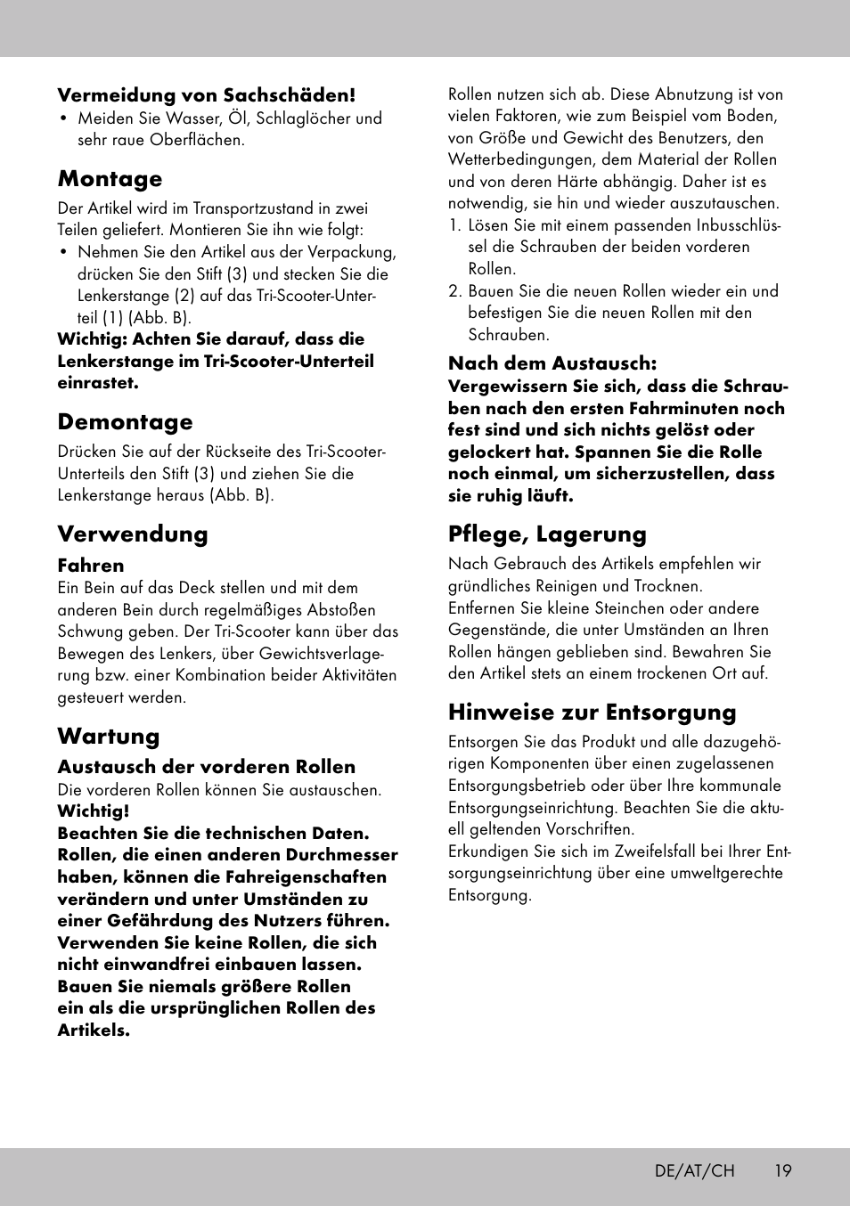 Montage, Demontage, Verwendung | Wartung, Pflege, lagerung, Hinweise zur entsorgung | Playtive Tri Scooter User Manual | Page 19 / 24