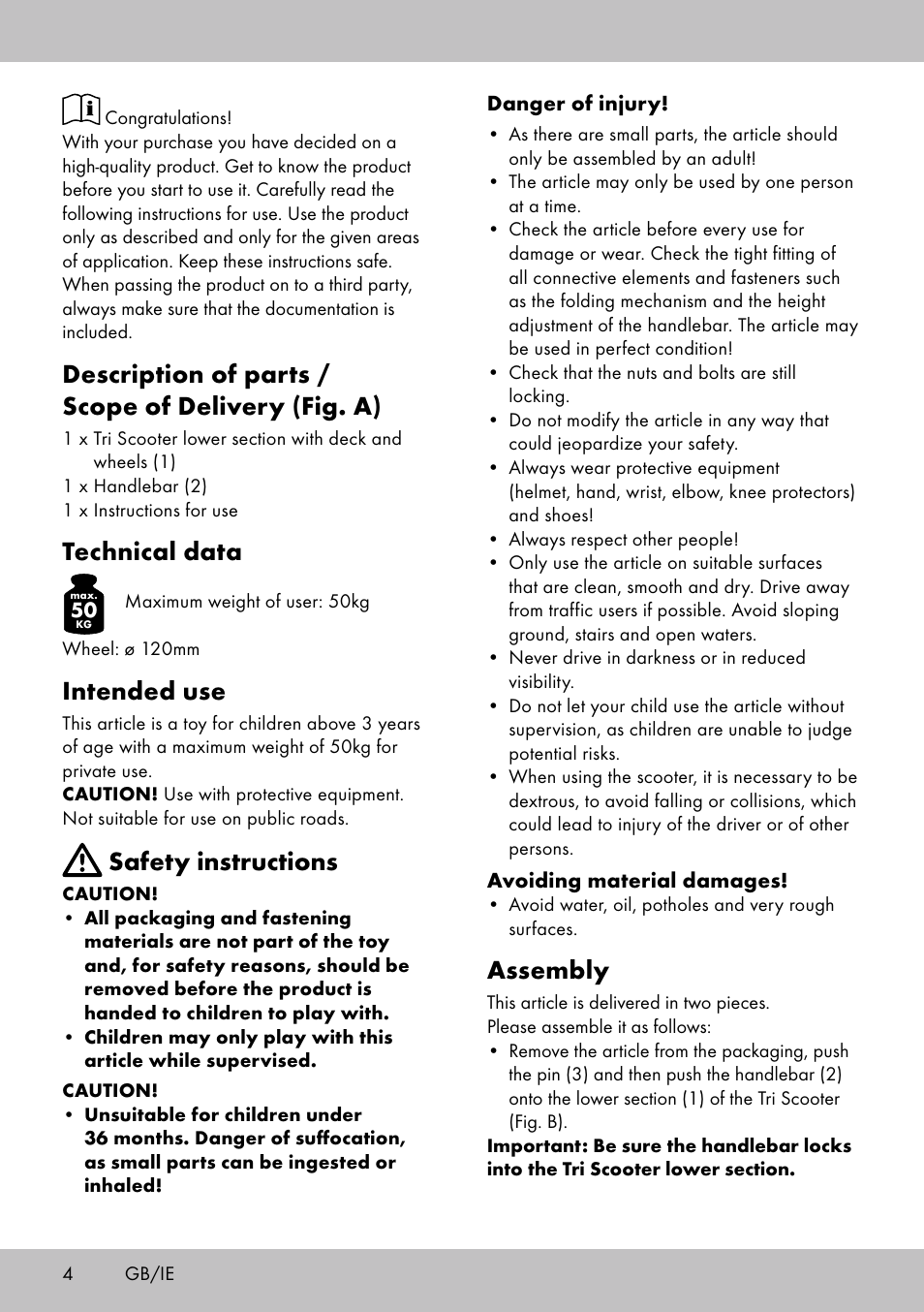 Description of parts / scope of delivery (fig. a), Technical data, Intended use | Safety instructions, Assembly | Playtive Tri Scooter User Manual | Page 4 / 24