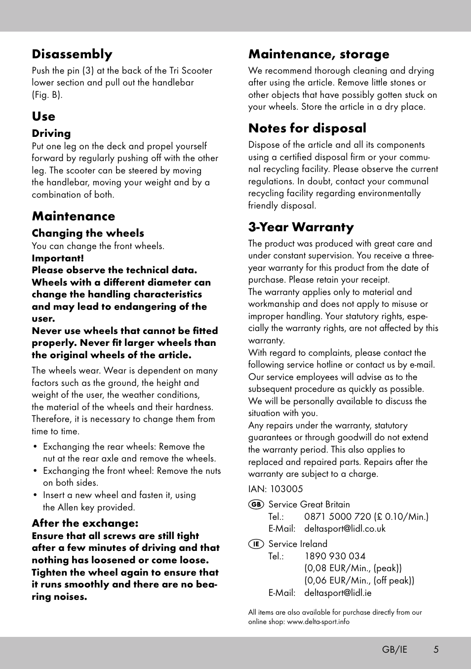 Disassembly, Maintenance, Maintenance, storage | Year warranty | Playtive Tri Scooter User Manual | Page 5 / 24