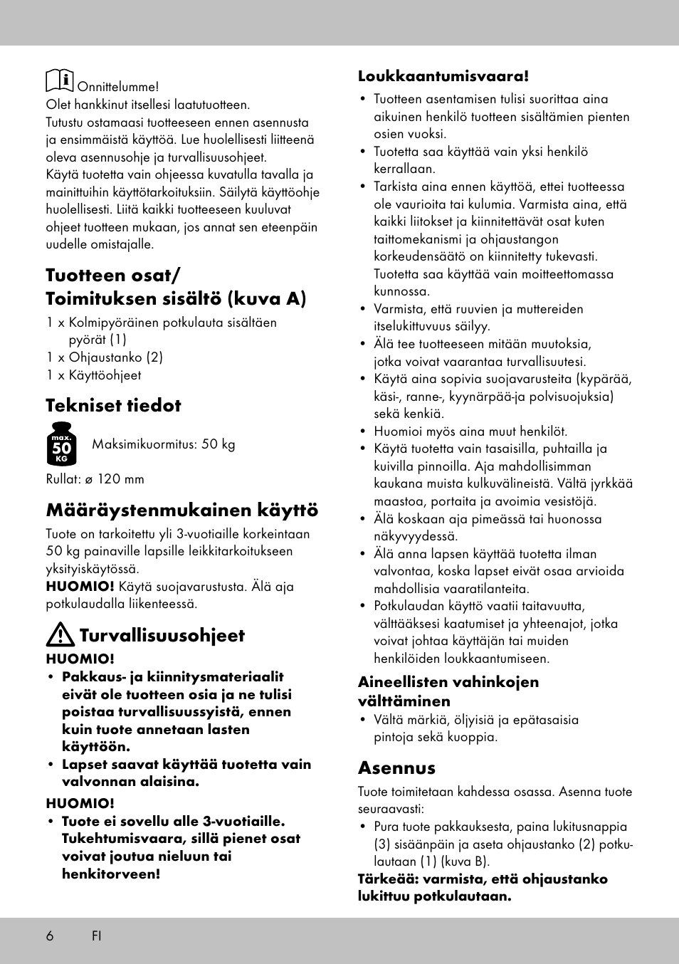 Tuotteen osat/ toimituksen sisältö (kuva a), Tekniset tiedot, Määräystenmukainen käyttö | Turvallisuusohjeet, Asennus | Playtive Tri Scooter User Manual | Page 6 / 24