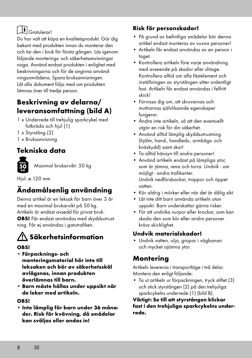 Tekniska data, Ändamålsenlig användning, Säkerhetsinformation | Montering | Playtive Tri Scooter User Manual | Page 8 / 24