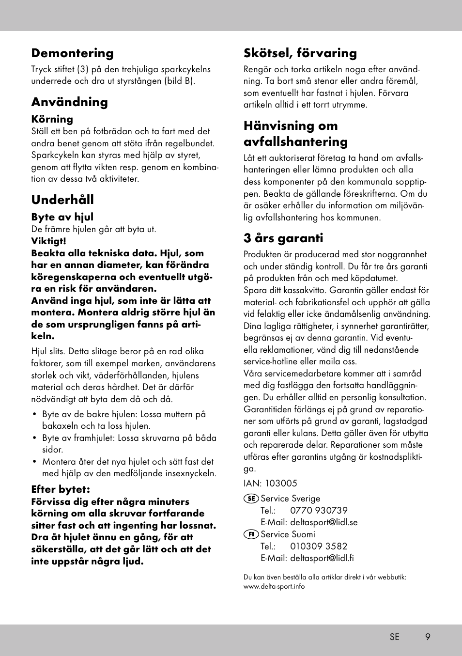 Demontering, Användning, Underhåll | Skötsel, förvaring, Hänvisning om avfallshantering, 3 års garanti | Playtive Tri Scooter User Manual | Page 9 / 24