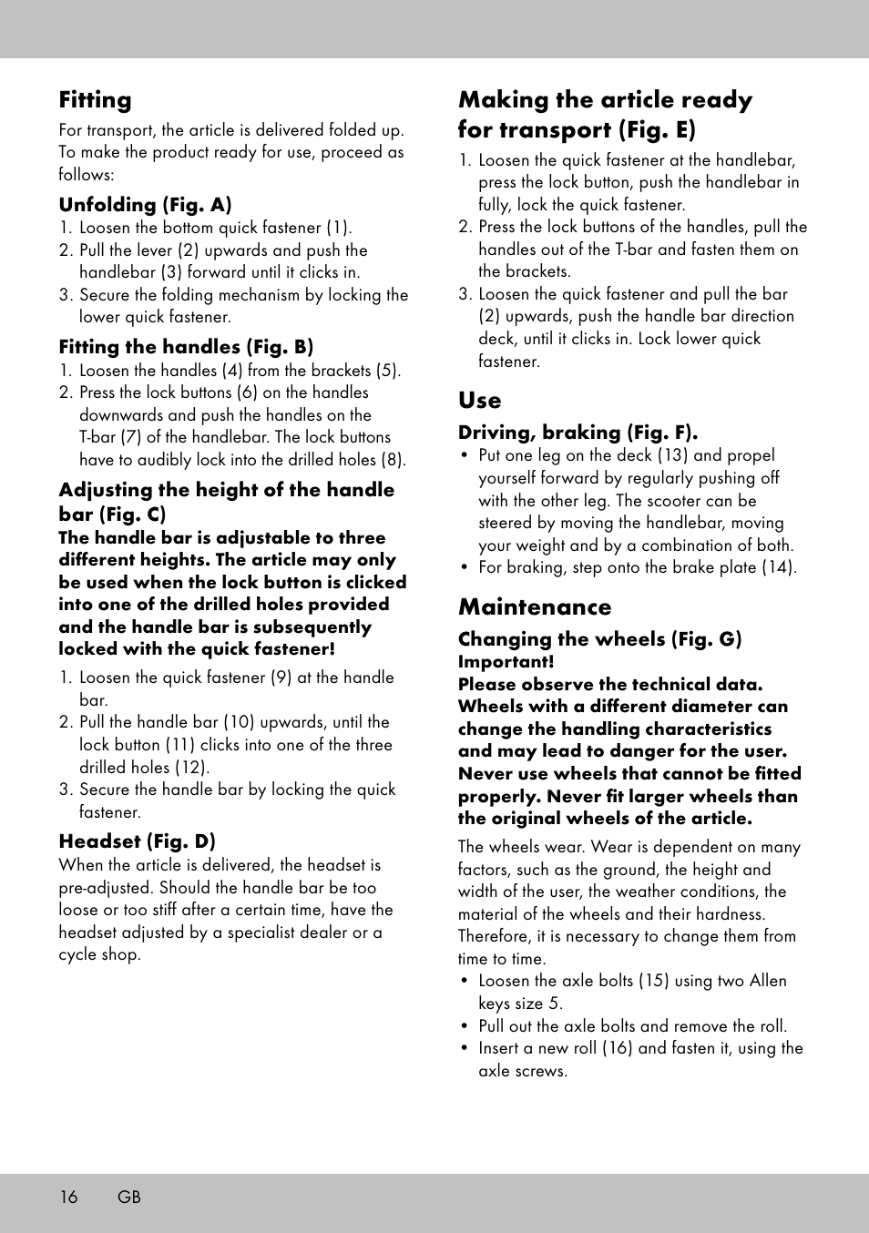 Fitting, Making the article ready for transport (fig. e), Maintenance | Playtive Scooter User Manual | Page 14 / 18