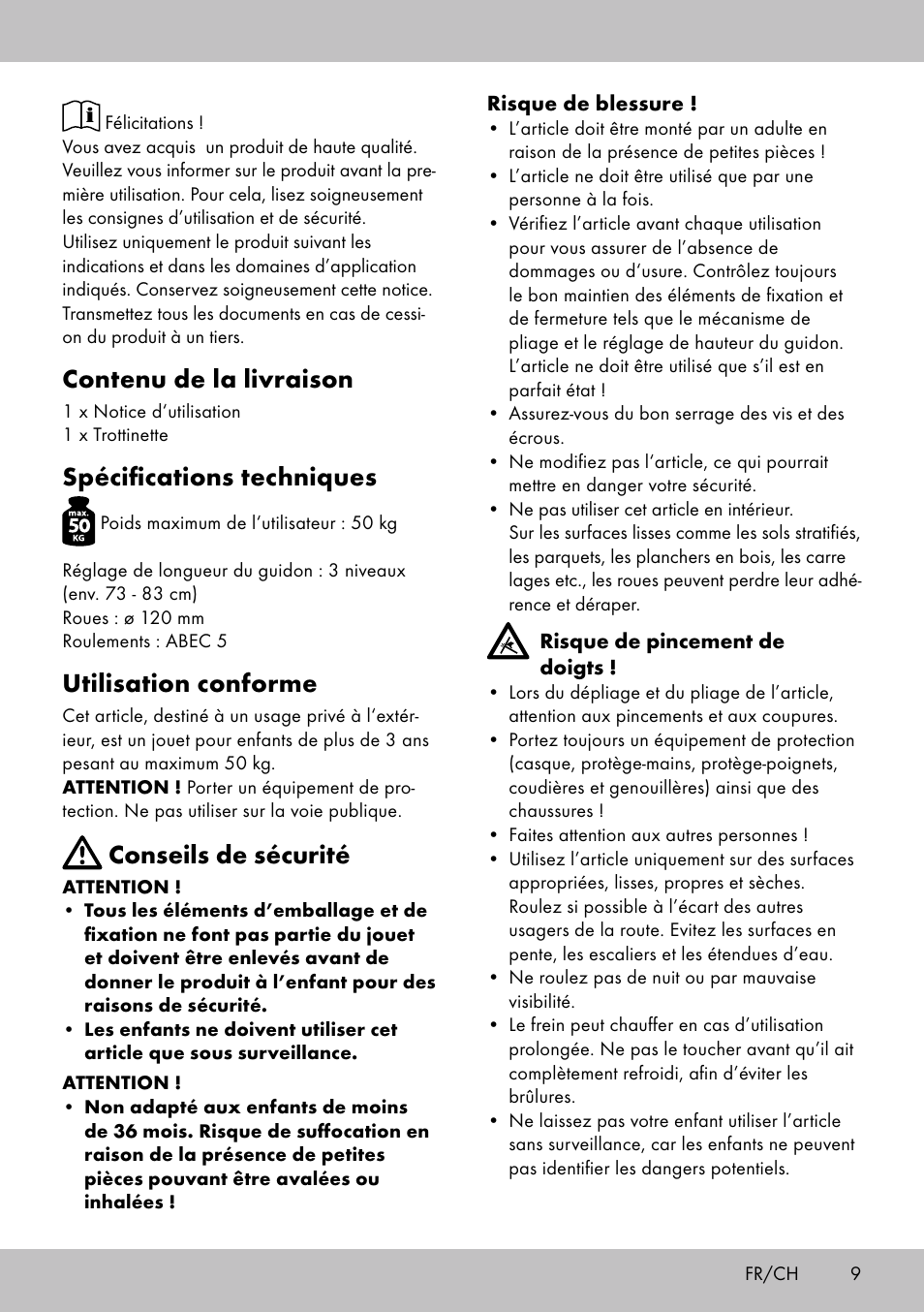 Contenu de la livraison, Spécifications techniques, Utilisation conforme | Conseils de sécurité | Playtive Scooter User Manual | Page 7 / 18