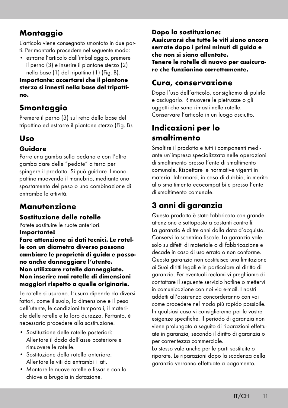 Montaggio, Smontaggio, Manutenzione | Cura, conservazione, Indicazioni per lo smaltimento, 3 anni di garanzia | Playtive Tri Scooter User Manual | Page 11 / 16