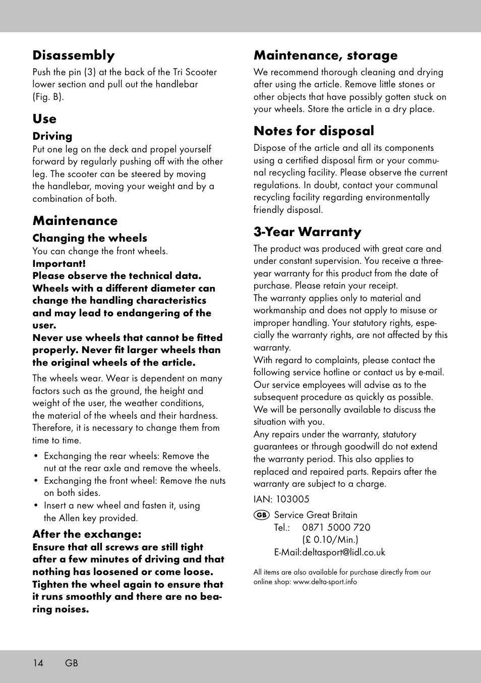 Disassembly, Maintenance, Maintenance, storage | Year warranty | Playtive Tri Scooter User Manual | Page 14 / 16