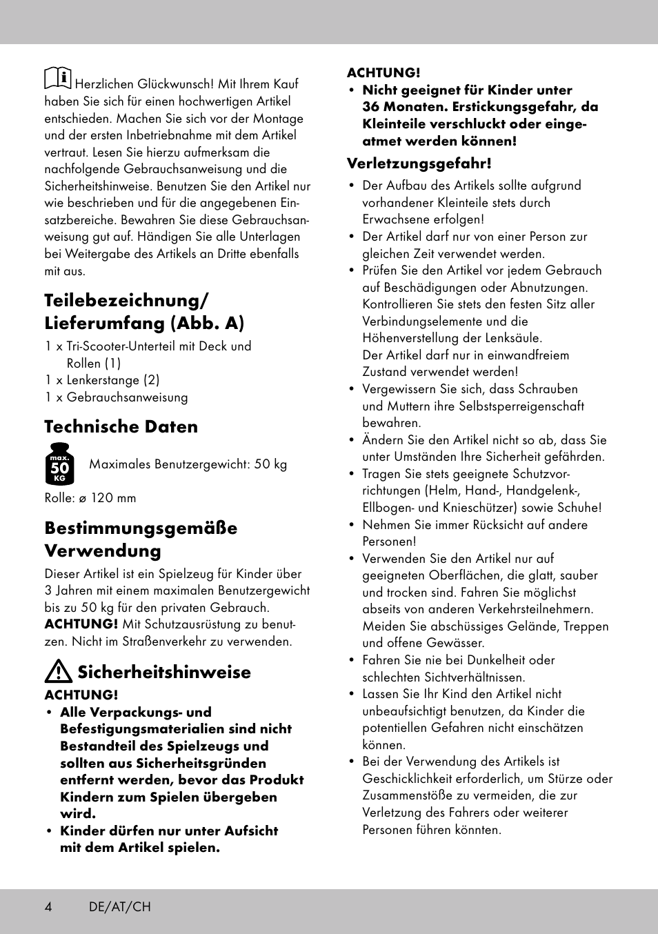 Teilebezeichnung/ lieferumfang (abb. a), Technische daten, Bestimmungsgemäße verwendung | Sicherheitshinweise | Playtive Tri Scooter User Manual | Page 4 / 16