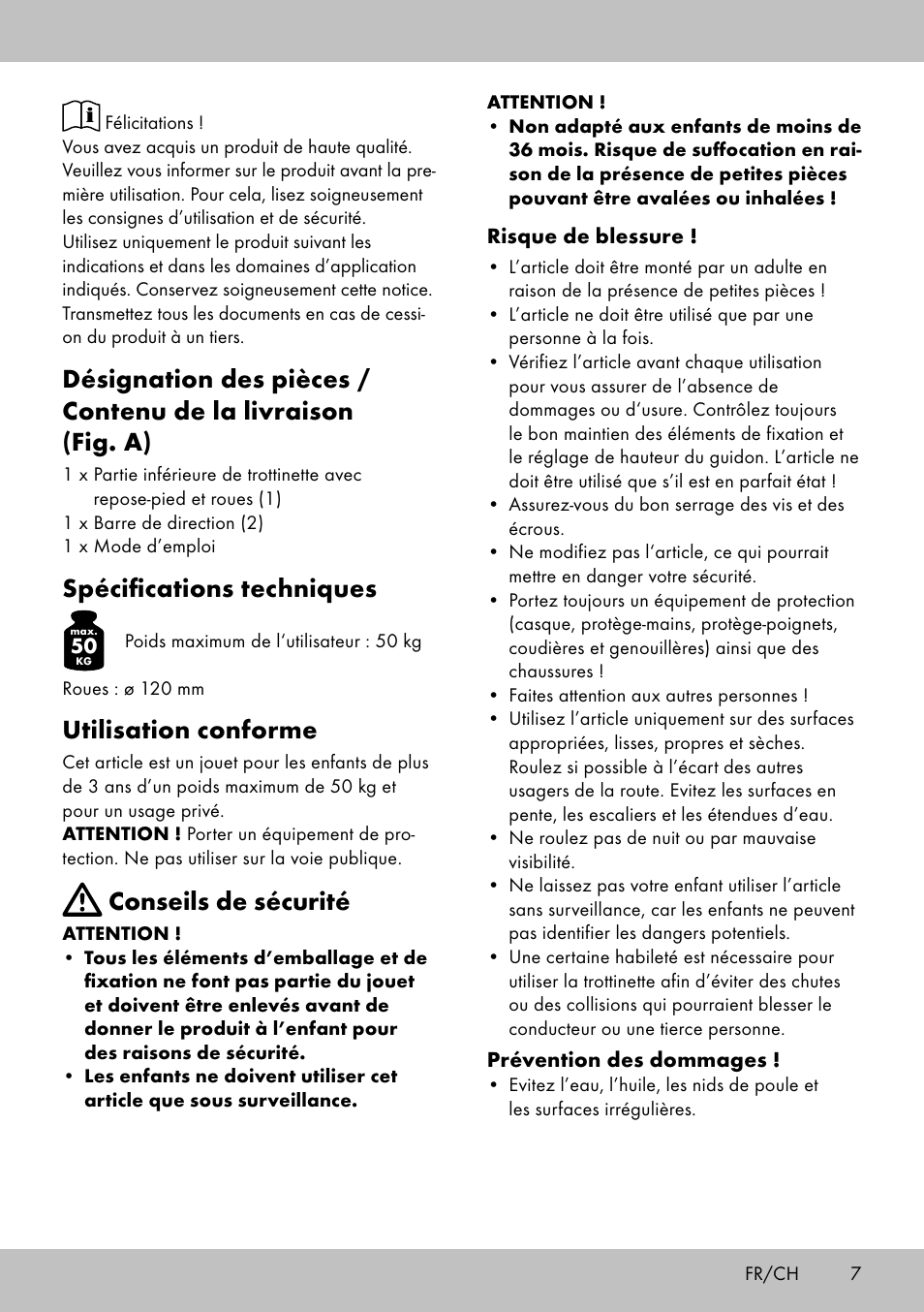 Spécifications techniques, Utilisation conforme, Conseils de sécurité | Playtive Tri Scooter User Manual | Page 7 / 16