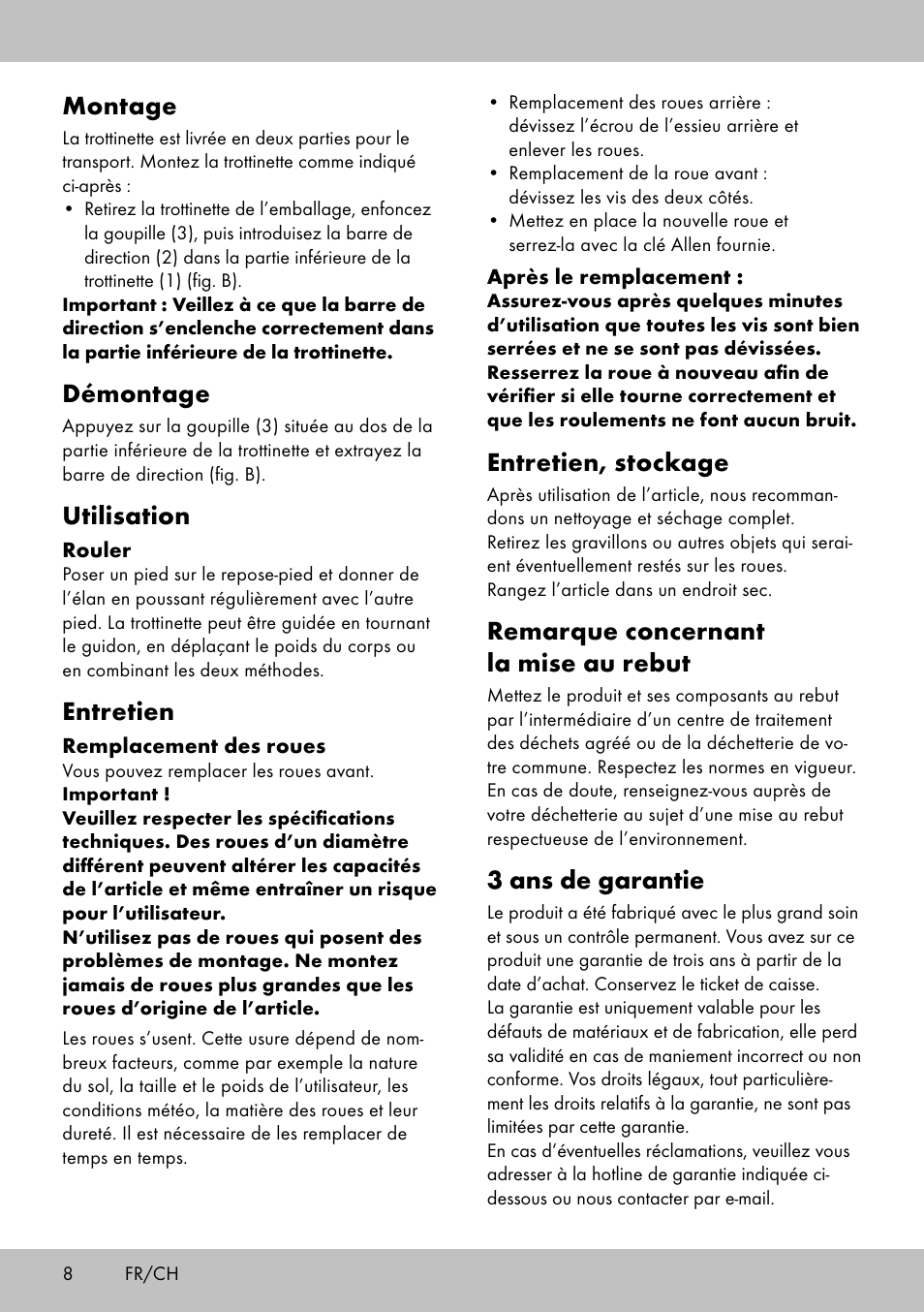 Montage, Démontage, Utilisation | Entretien, Entretien, stockage, Remarque concernant la mise au rebut, 3 ans de garantie | Playtive Tri Scooter User Manual | Page 8 / 16