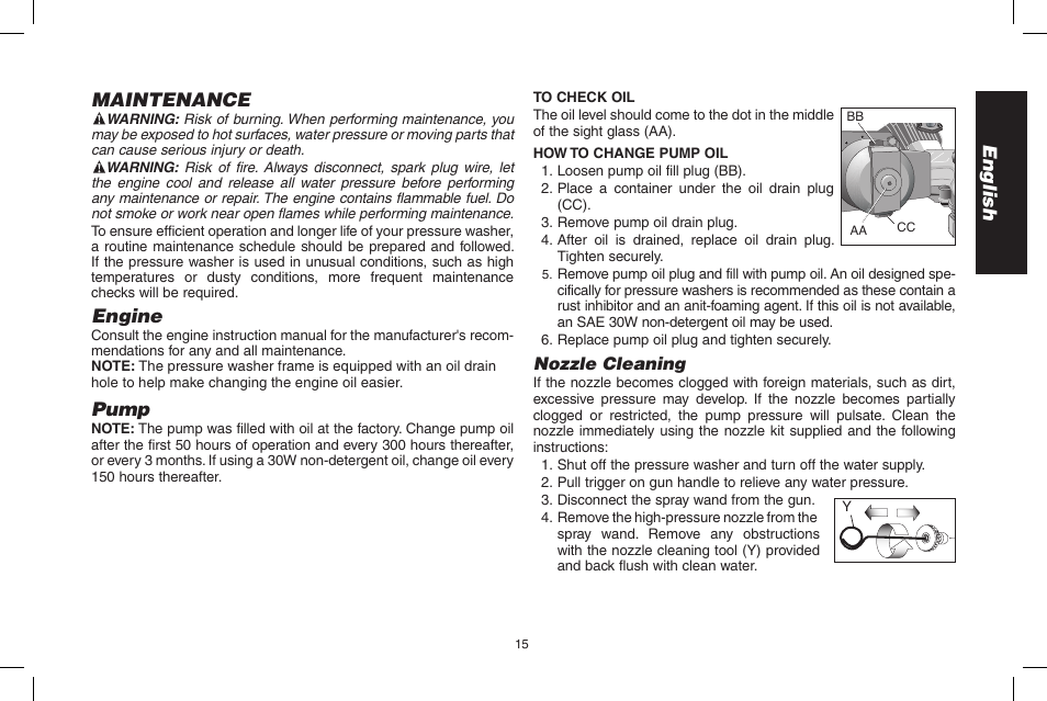 English maintenance, Engine, Pump | DeWalt 7103629 User Manual | Page 15 / 68