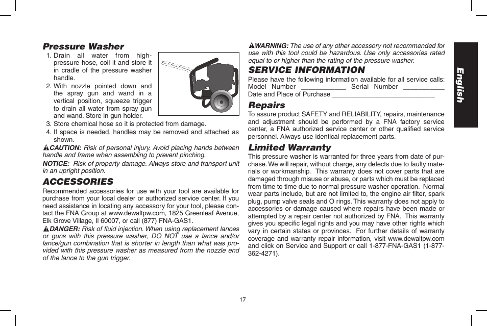 English pressure washer, Accessories, Service information | Repairs, Limited warranty | DeWalt 7103629 User Manual | Page 17 / 68
