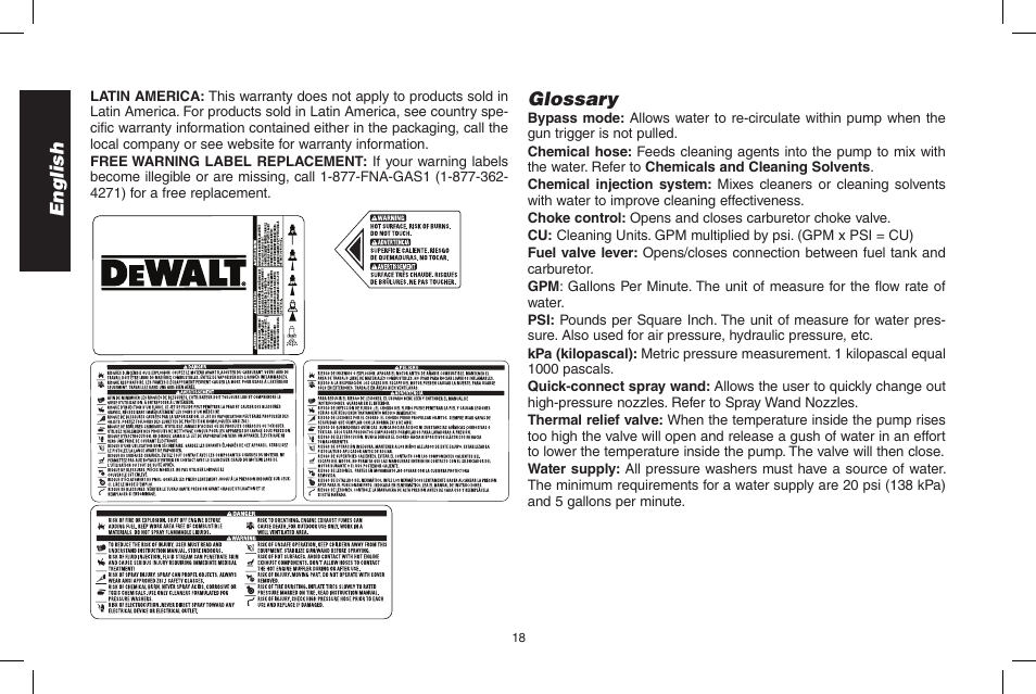 English, Glossary | DeWalt 7103629 User Manual | Page 18 / 68