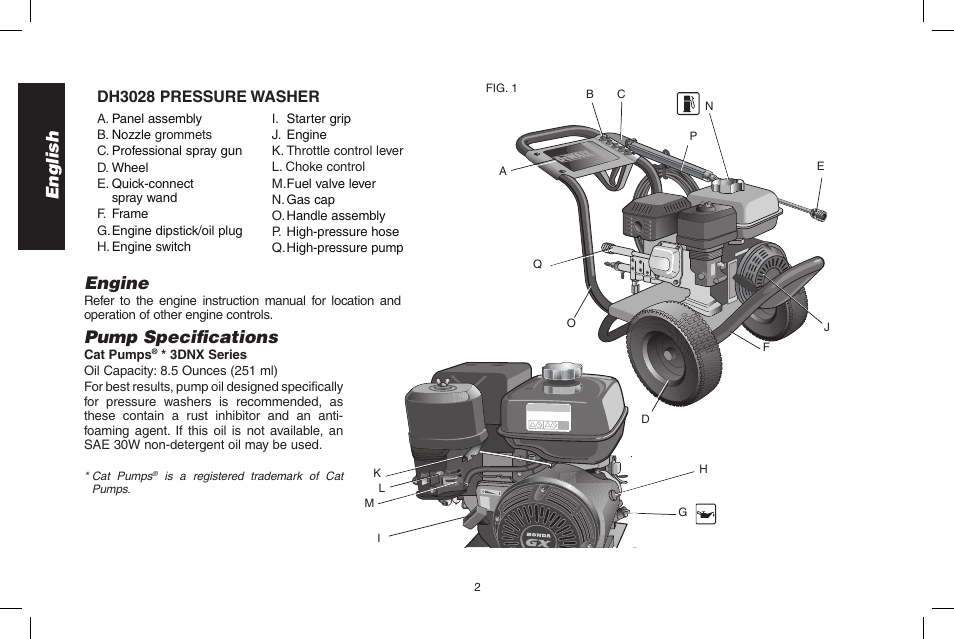 English, Engine, Pump specifications | Dh3028 pressure washer | DeWalt 7103629 User Manual | Page 2 / 68