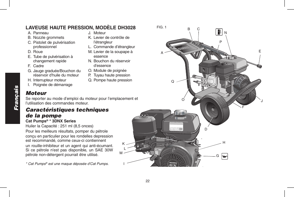 Français, Moteur, Caractéristiques techniques de la pompe | Laveuse haute pression, modèle dh3028 | DeWalt 7103629 User Manual | Page 22 / 68
