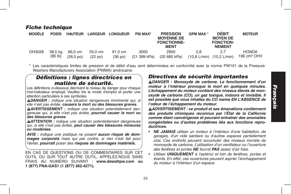 Français, Directives de sécurité importantes, Fiche technique | DeWalt 7103629 User Manual | Page 23 / 68