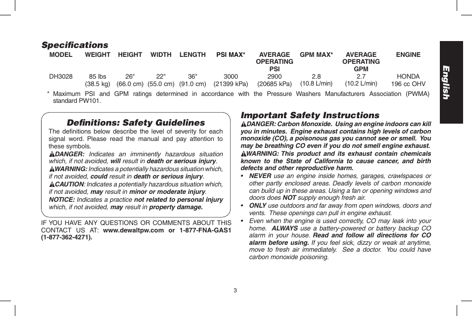 English definitions: safety guidelines, Specifications, Important safety instructions | DeWalt 7103629 User Manual | Page 3 / 68