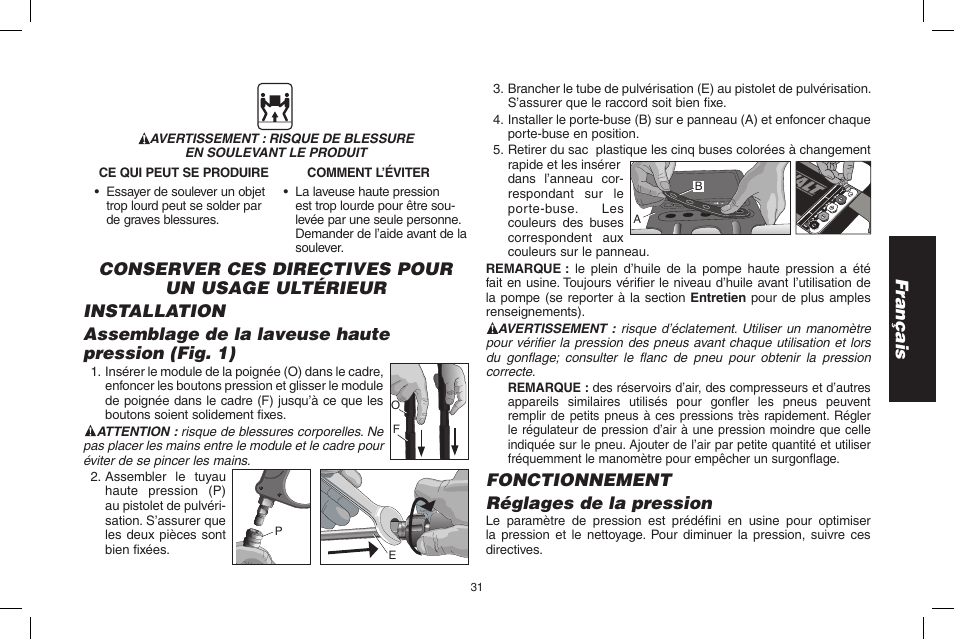 Français, Fonctionnement réglages de la pression | DeWalt 7103629 User Manual | Page 31 / 68