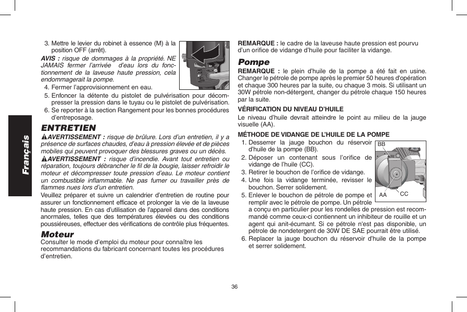 Français, Entretien, Moteur | Pompe | DeWalt 7103629 User Manual | Page 36 / 68