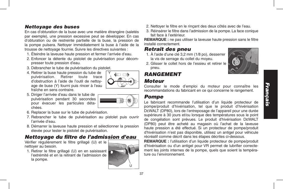 Français, Nettoyage du filtre de l’admission d’eau, Retrait des pneu | Rangement moteur, Pompe | DeWalt 7103629 User Manual | Page 37 / 68
