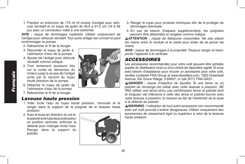 Français, Laveuse haute pression, Accessoires | DeWalt 7103629 User Manual | Page 38 / 68
