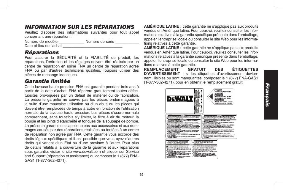 Français, Information sur les réparations, Réparations | Garantie limitée | DeWalt 7103629 User Manual | Page 39 / 68