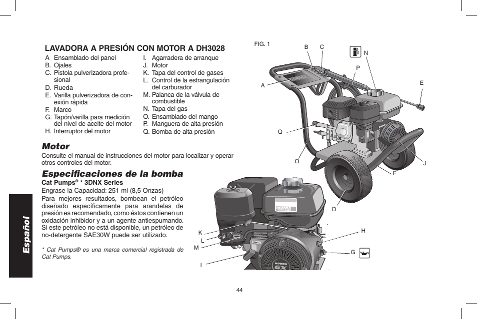 Español, Motor, Especificaciones de la bomba | Lavadora a presión con motor a dh3028 | DeWalt 7103629 User Manual | Page 44 / 68
