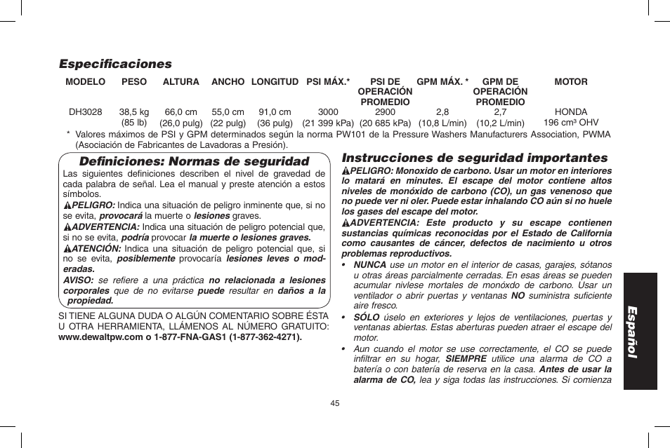 Español, Definiciones: normas de seguridad, Especificaciones | Instrucciones de seguridad importantes | DeWalt 7103629 User Manual | Page 45 / 68