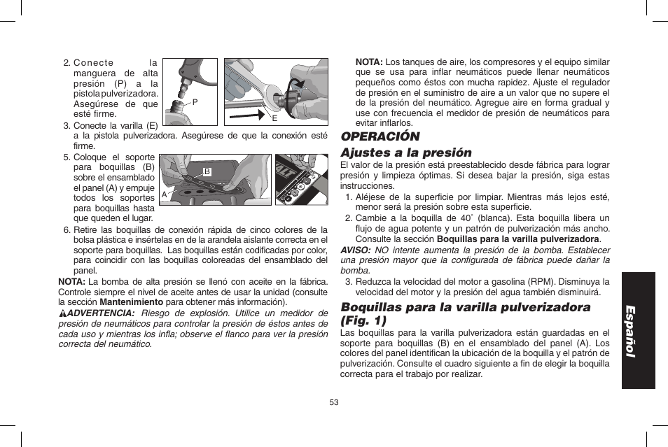 Español, Operación ajustes a la presión, Boquillas para la varilla pulverizadora (fig. 1) | DeWalt 7103629 User Manual | Page 53 / 68